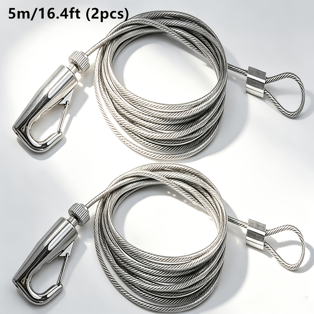 TEMU 2pcs Adjustable Wire Rope With Metal Hooks, 1-5m Durable Rust-resistant Hanging Cords For Curtains, Photo Frames, Outdoor Use, Crafts
