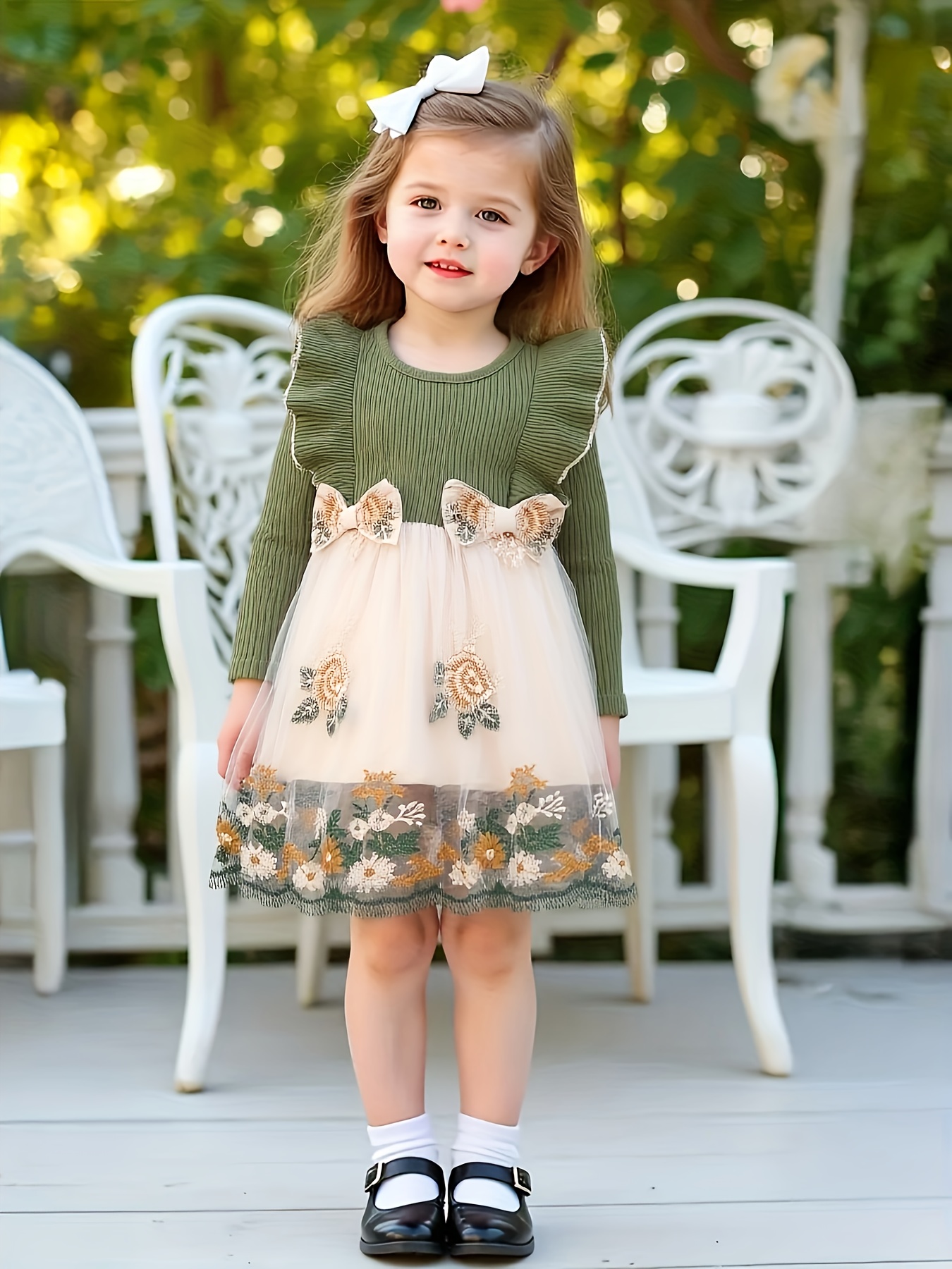 Floral Vestido Infantil Manga Longa Casual Vestido De Festa