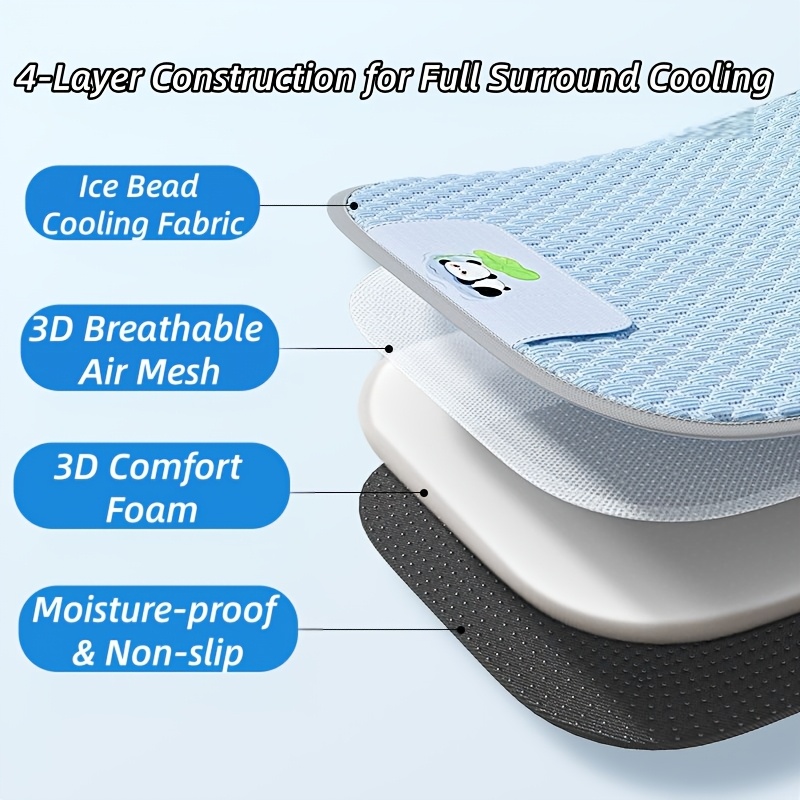Dog Cooling Mat with Ice Bead Texture Fabric, Featuring Gray Piping Edges and an Adorable Panda Hugging a for Lotus Leaf Pattern Printed Underneath. Specially Designed for Pets During Summer. This Cooling Pad Serves as a Summer Cooling Sleeping Mat