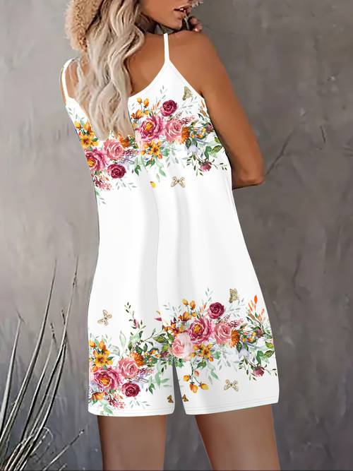 womens fashionable casual wreath cami strap sleeveless pocket jumpsuit shorts