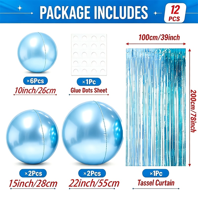 TEMU Set di 12 palloncini 4D blu , con punti adesivi ( 2 pezzi da 22 pollici, 2 pezzi da 15 pollici, 6 pezzi da 10 pollici) palloncini in alluminio,