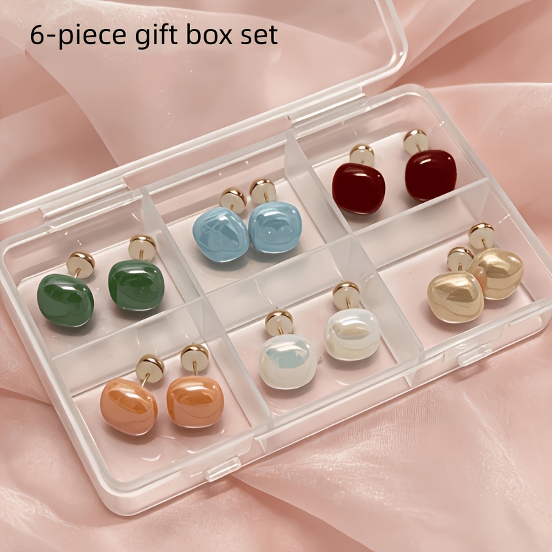 TEMU 6 Pairs Multicolor Pearl Stud Earrings Set, 14k Golden Plated Needle Style Exquisite Shiny Earrings, With Storage Box, Hypoallergenic All-match