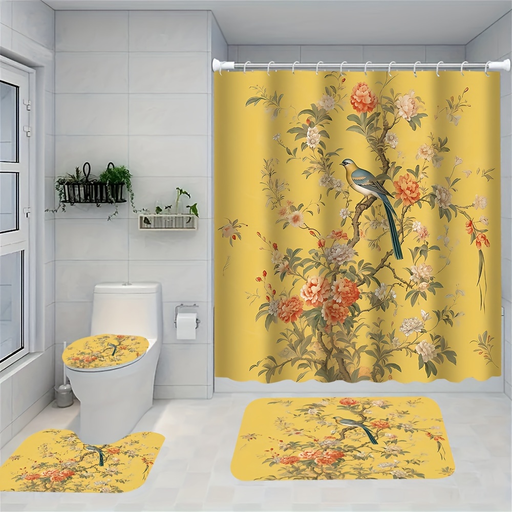 

Chinese Floral & Bird Design Shower Curtain Set With Non-slip Bath Mat, U-shaped Rug, And Toilet Lid Cover - Waterproof Polyester, Includes 12 Hooks, Easy Install