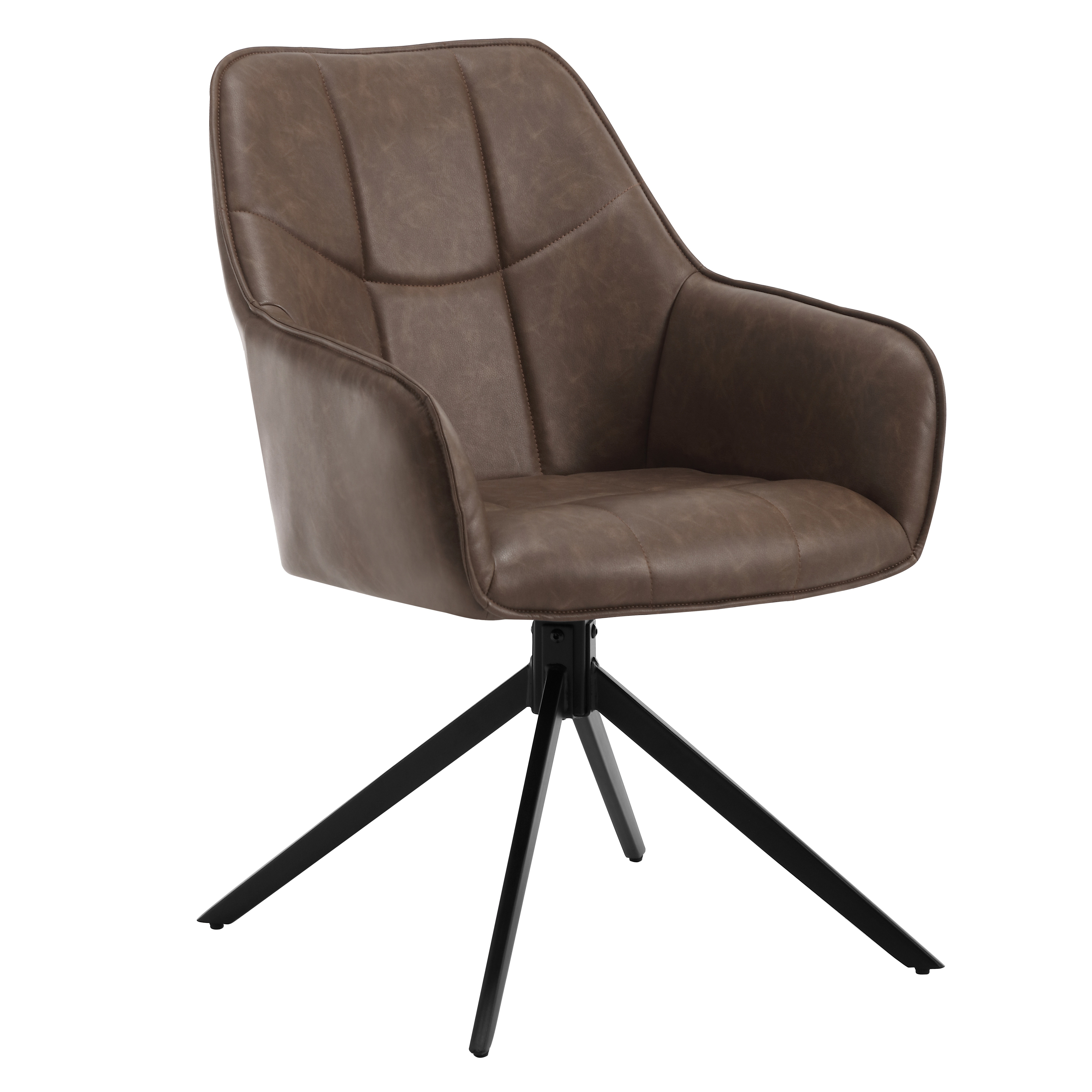 Image of 1pc Swivel Dining Chair With Solid Back, Memory Foam Seat Cushion, Padded Armrests, Leather Upholstery, Metal Legs, With Handle Adjustment, For Carpeted Floor - Brown