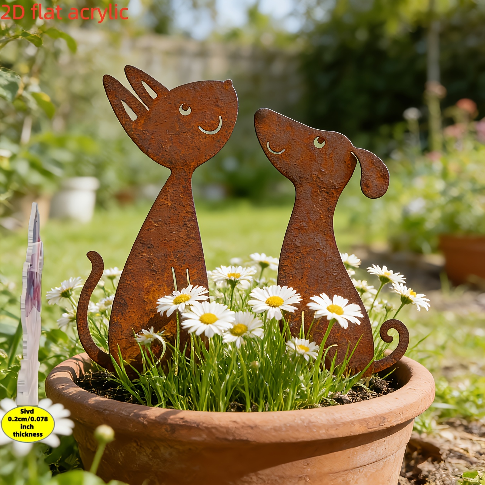 E-shop 2D Flach, [2D Flach] Set aus 2 Vintage rostfarbenen Acryl-Blumenhaltern in Katzen- Hundesilhouette, wetterfeste Gartendeko mit Haustiermotiv,