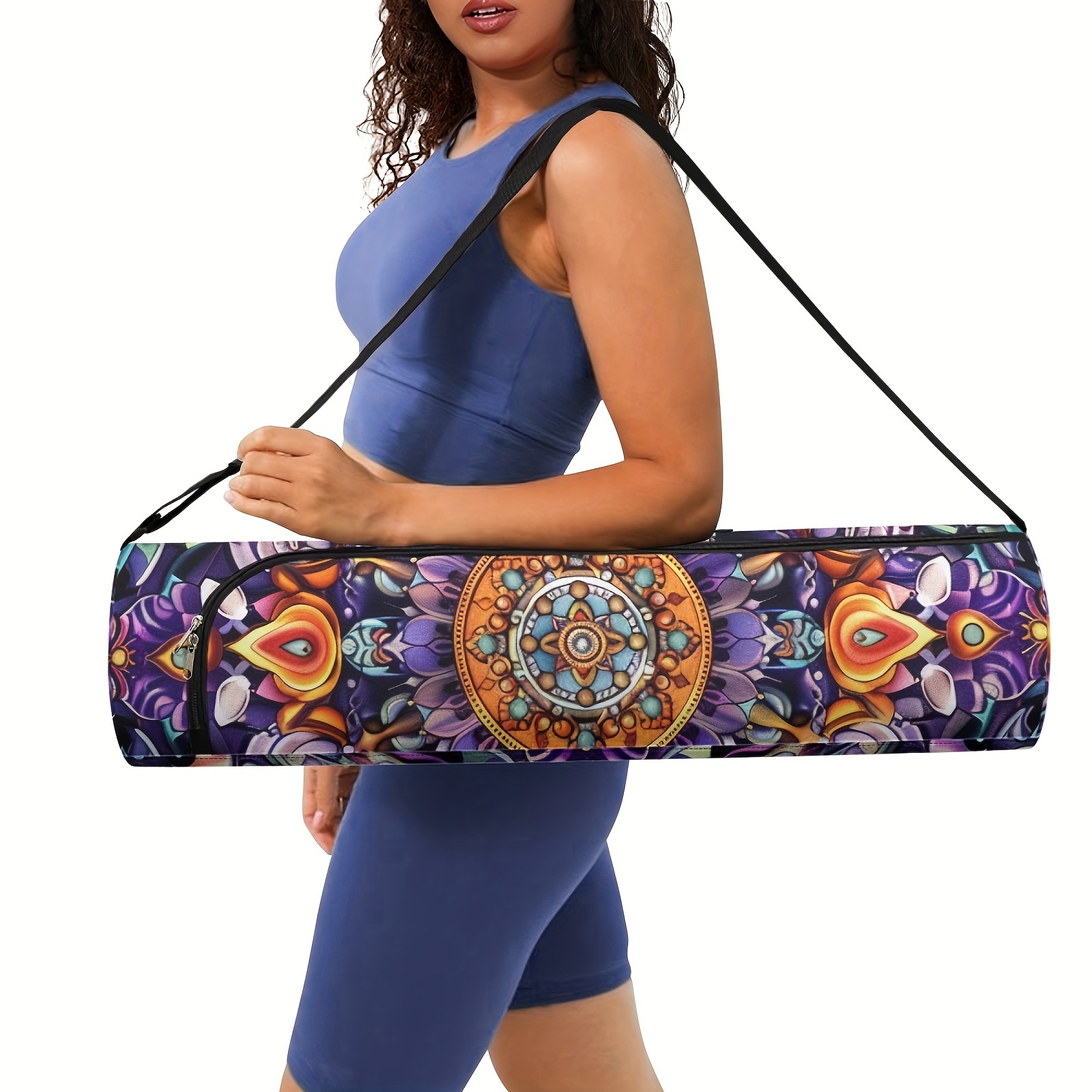 

Mandala Mat Storage Bag For Women - Polyester, Zippered Single-shoulder Fitness Mat Carrier With Vibrant Design, Ideal For Outdoor Sports & -training