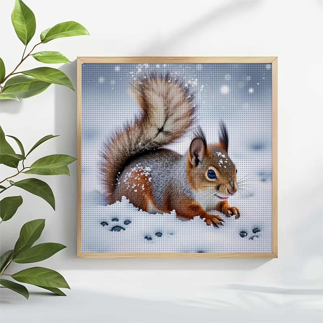 DIY Cross-Stitch Printed Kit, Squirrel in Snow with Snowflakes