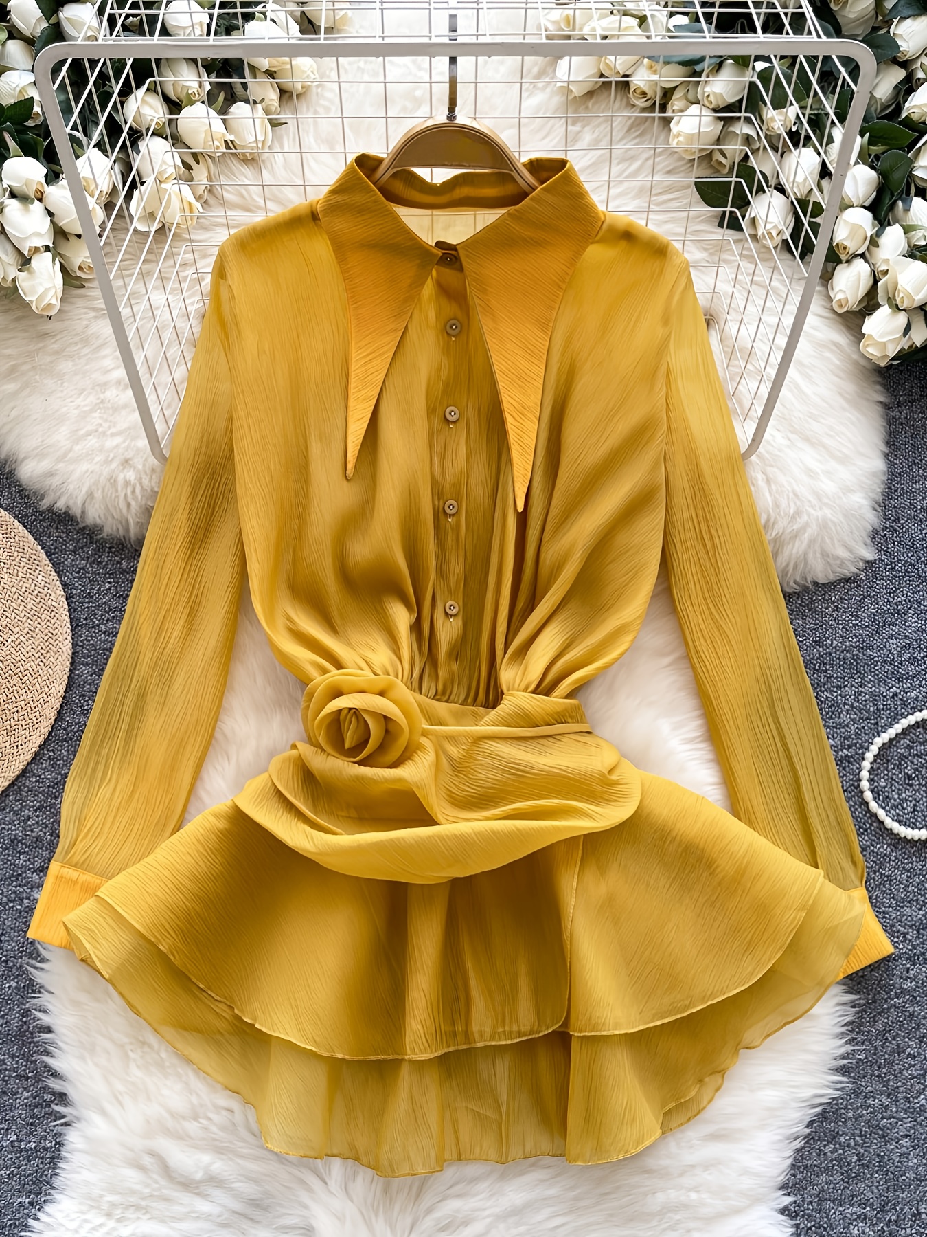 Women's Elegant Mustard-Yellow Chiffon Blouse with Pleated Ruffle Hem  Button- Collar Long Sleeve Semi-Sheer Shirt for Spring Summer Fall,  Casual t