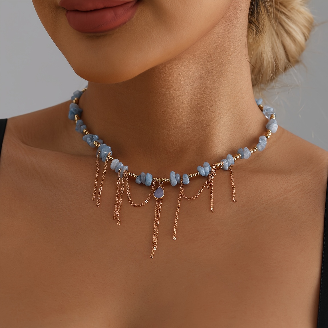 Image of An Elegant And Fluid Natural Stone Drop Tassel Necklace For Women, Perfect For Festivals, Birthdays, Dates, Balls, Parties, Vacations, Shopping, And Everyday Commuting
