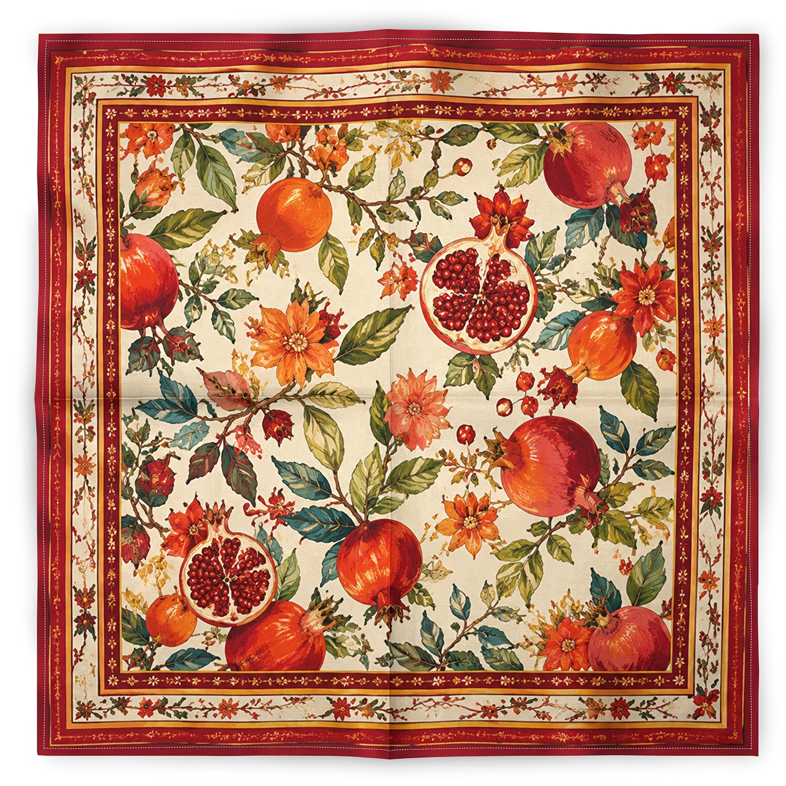 TEMU 1pc 2d Printed Pomegranate Red Vintage Floral Square Scarf, Retro Individual Fashion Hip-hop Trendy Headscarf, Fashion Scarf And Neck Scarf,