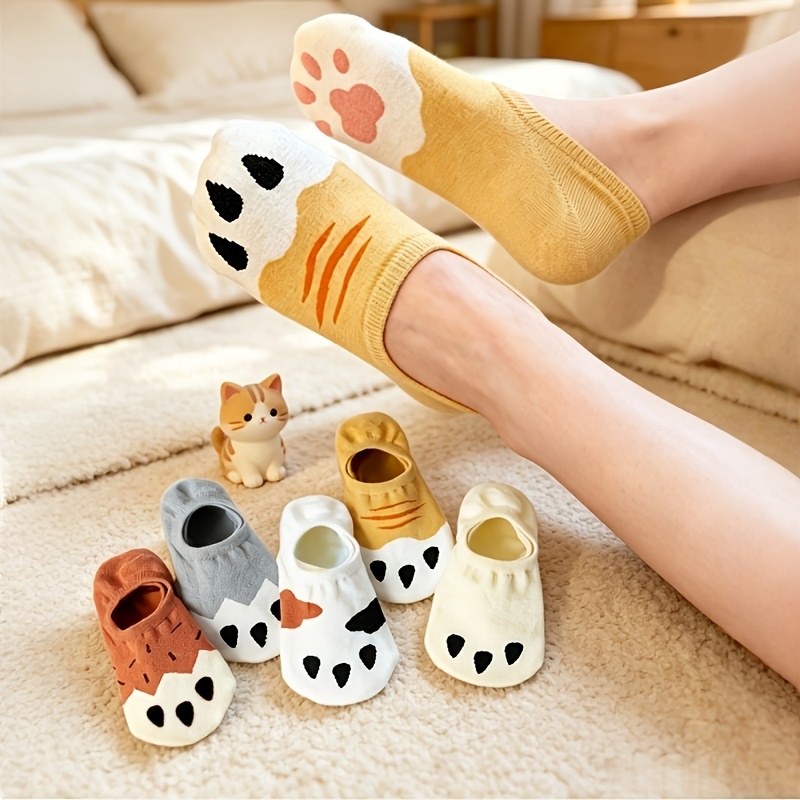 TEMU 5pairs Women's Cute Cat Paw Print Socks, Summer Thin Breathable Cartoon Animal Pattern Low Cut Liner Socks, Kawaii Casual Invisible Ankle Socks