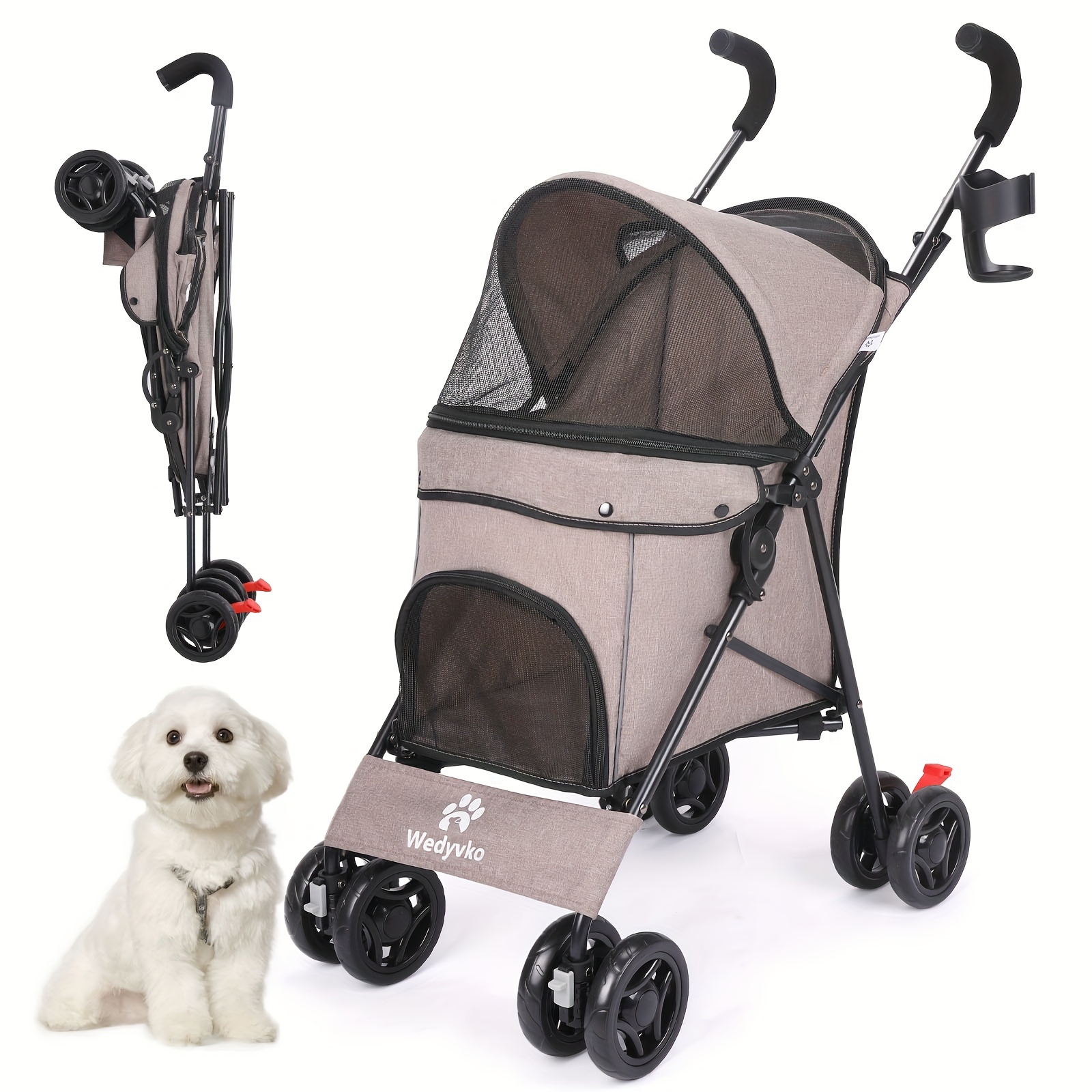 

Dog Stroller, Pet Stroller For Small Dogs Cats, Up To 33 Lbs With Storage Basket & Cup Holder, Coffee