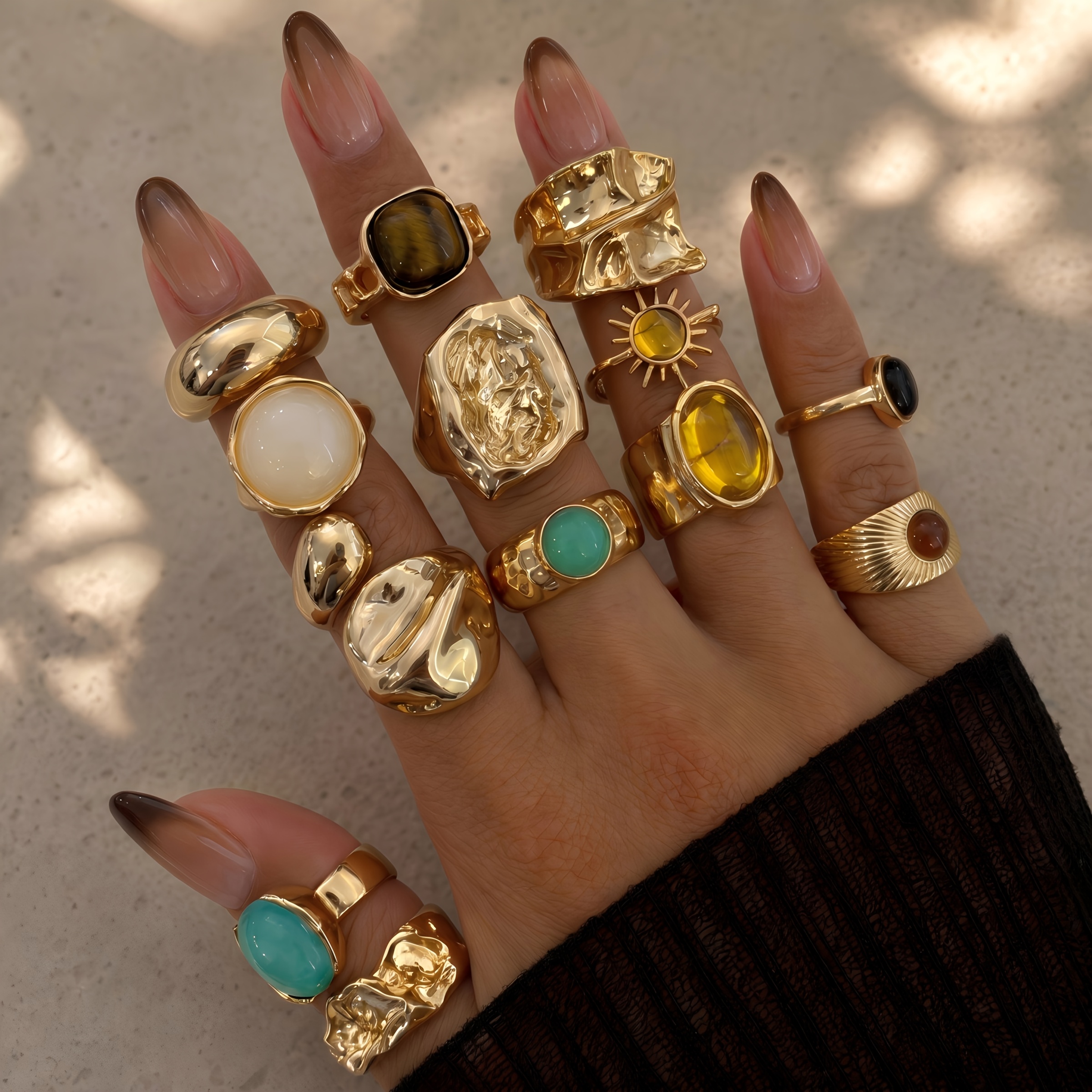 TEMU 13pcs Set Vintage Old Money Style Stackable Rings, Women's Golden Liquid Metal Texture Rings, Bohemian Simulated Gemstone Stackable Rings, Sun