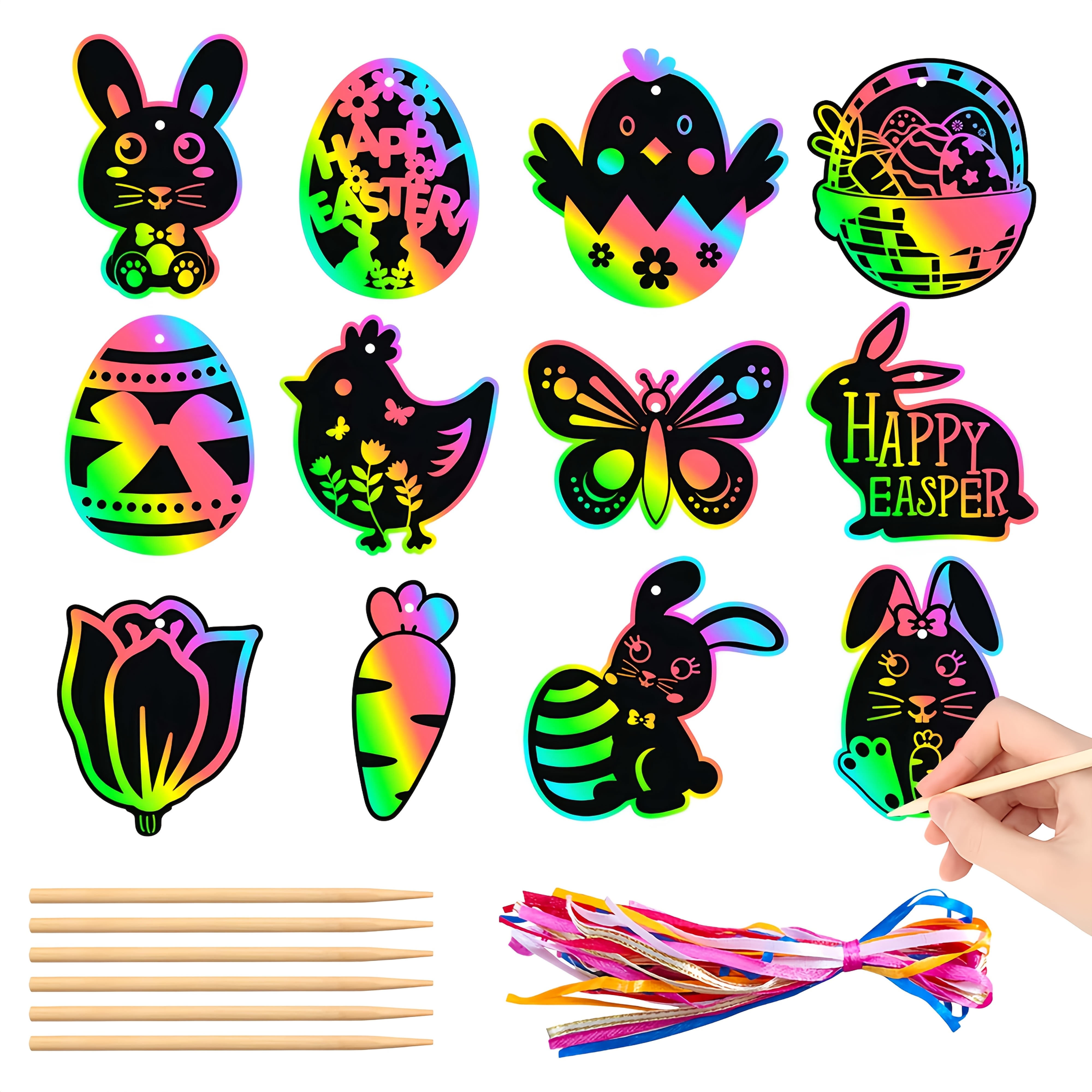 

24-pack Easter Kit, Diy Craft Set With Wooden Styluses & Ribbons, Animal Patterns, Classroom, Home Crafts, Travel Fun & Party Favors, No Power Needed, Paper Material, Universal Holiday Decor