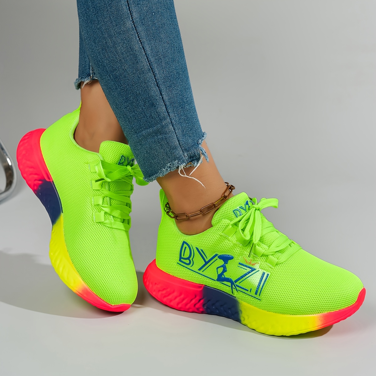 BYZI Women's Neon Green running shoes Low-Top Lace-Up Gym Sneakers  with Cushioned PU Outsole, Breathable Fabric Upper for Jogging, Cas