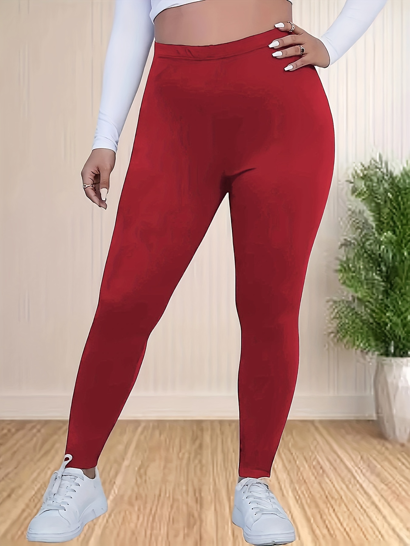 Plus Size NEVER GIVE UP Print Skinny Leggings, Casual High Waist Stretchy  Leggings, Women's Plus Size Clothing