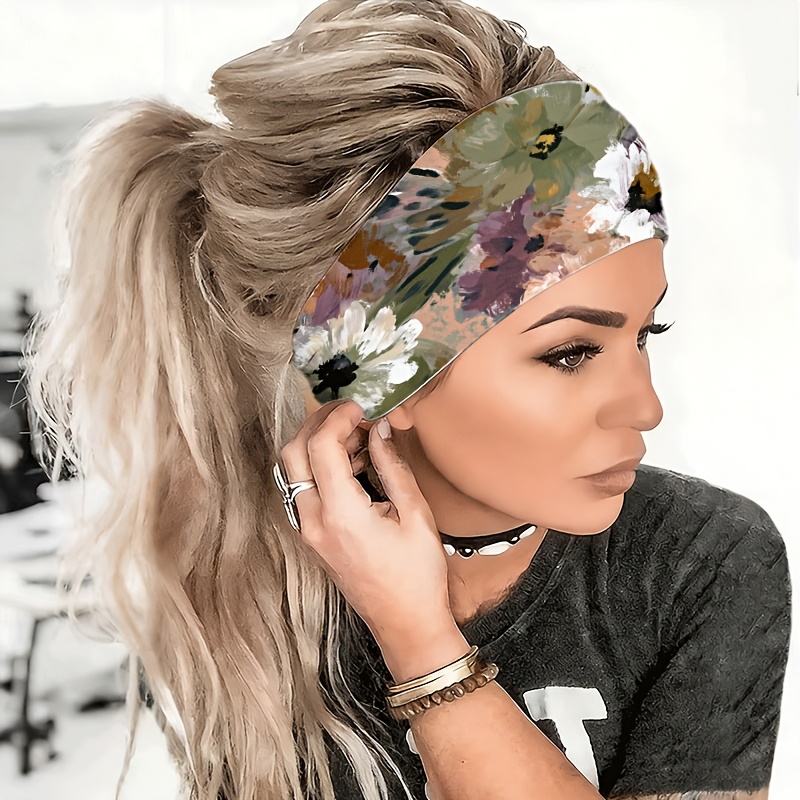 TEMU 2d Flat Watercolor Floral Gradient Pattern Headband, For Yoga / Gym / Running / Cycling, Travel / Outing / Hiking, Wide / Non-slip / / Warm And