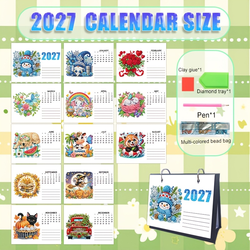 TEMU 1pc Handmade Diy Sparkling Diamond Painting Desk Calendar 2027 Suitable For New Year, Christmas Gift With Monthly View, Dated Calendar Stand For