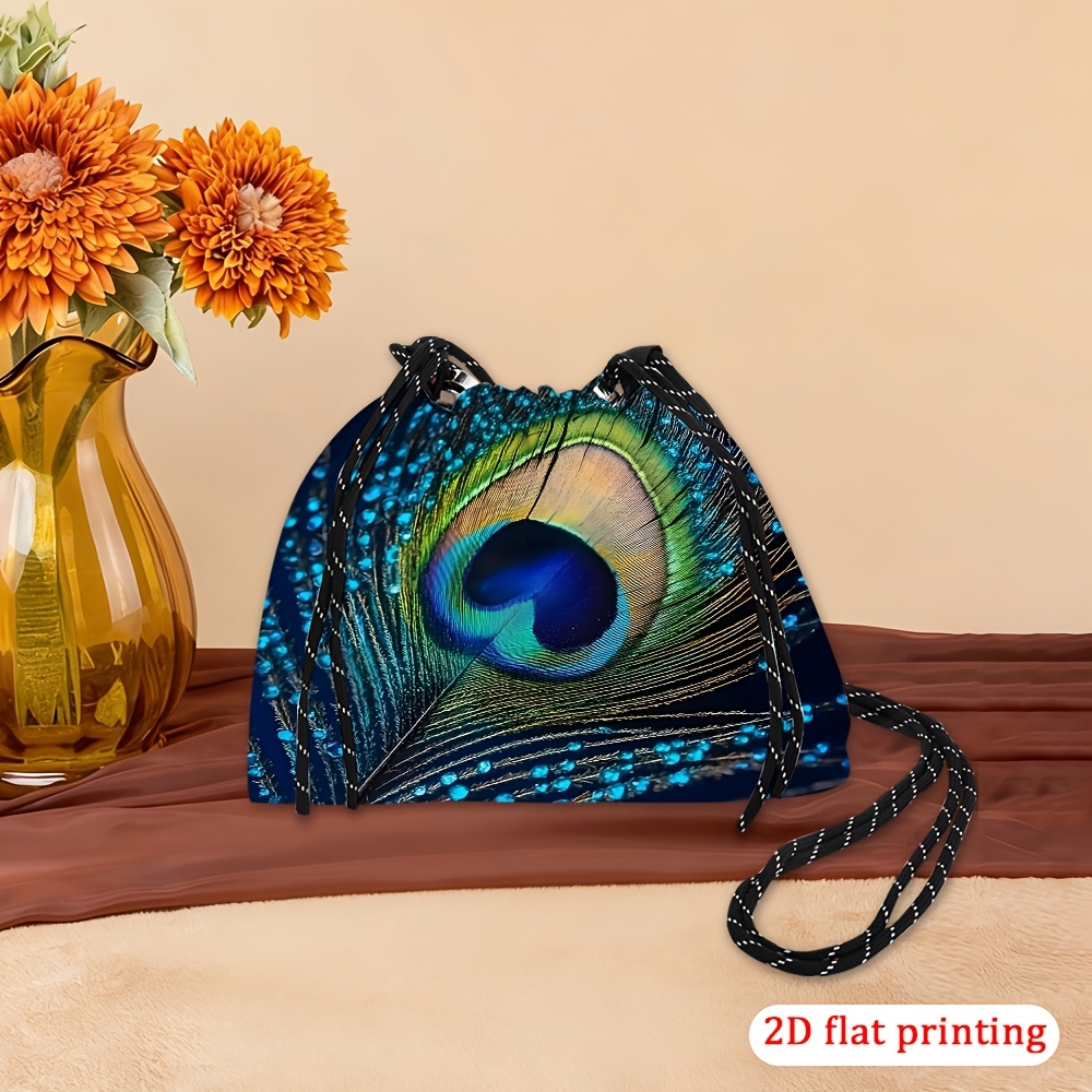 TEMU 2d Flat Printing 1pc Blue Gem Printed Design Non-textured Drawstring Crossbody Bag Daily Use For Women Vibrant Patterns Durable Fabric Small