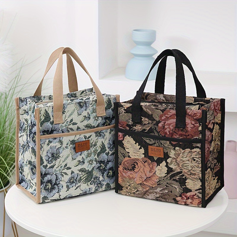 

1pc Vintage Floral Knit Jacquard Fabric Tote Bag, Insulated Lunch Bag With Aluminum Foil Thermal Layer, Zippered Half-, Lightweight Carry Bag For Work - Assorted Colors