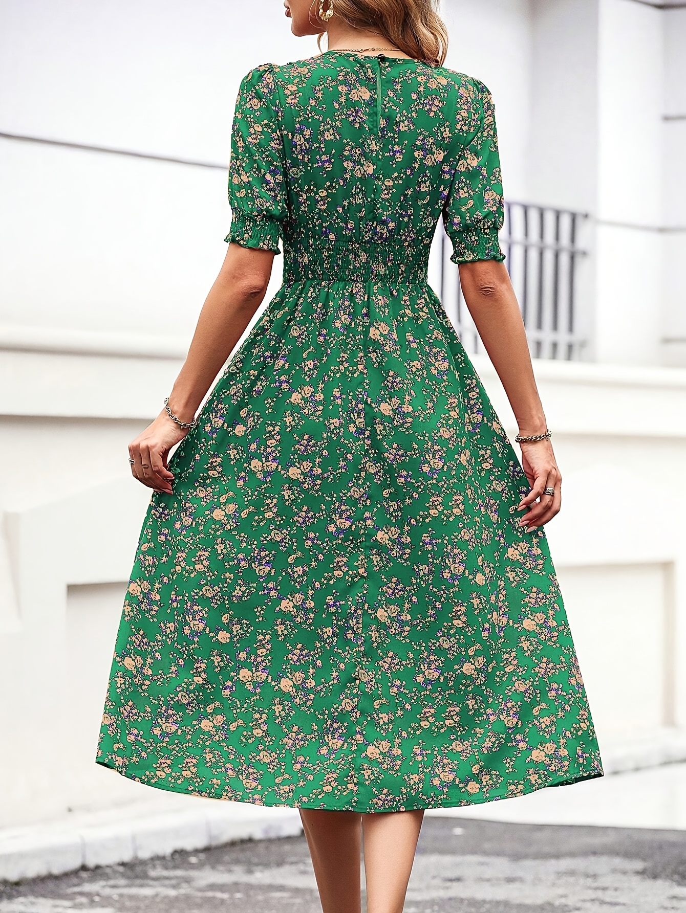 Puff Sleeve Green Casual Summer Dress Women'S Floral Print A-Line