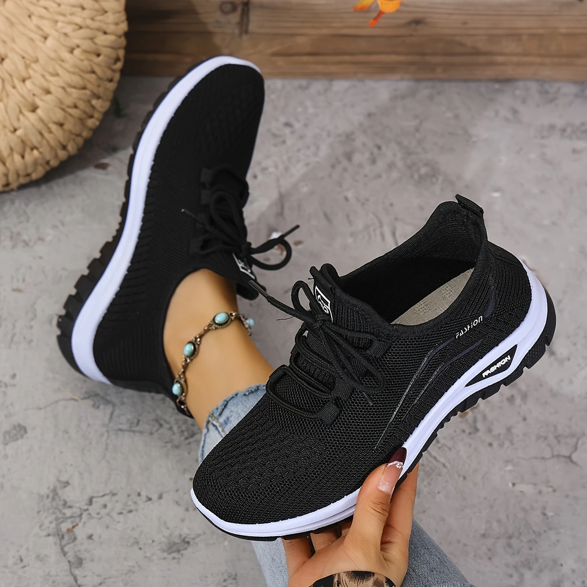 womens casual sports outdoor running walking daily commuting lace up patterned double layer easy on off knitted shoes details 2