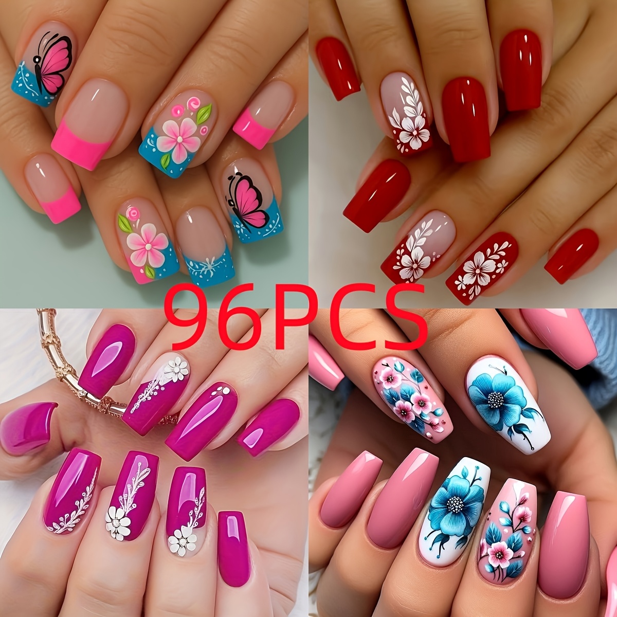 TEMU 96 ongles carrés de longueur moyenne avec papillons et fleurs, idéaux pour un usage , fêtes et festivals pour femmes