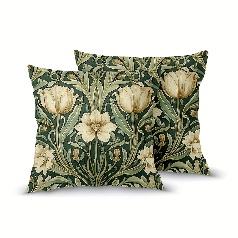 TEMU 2pcs William Green Floral Throw Pillow Covers, 18x18 Inch - Double-sided Print, Zip Closure, Polyester, Machine Washable, Hypoallergenic,