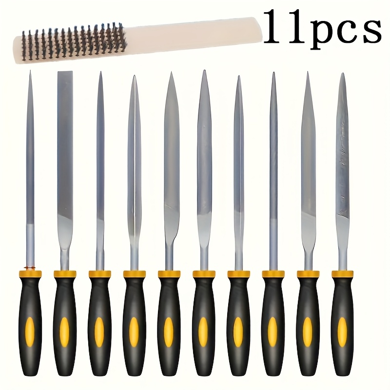 E-shop 11-teiliges Metallfeilen-Set, bestehend aus 10 Feilen 1 Reinigungsbürste, aus gehärtetem Legierungsstahl, inklusive Flach-, Schutz-, Vierkant-,