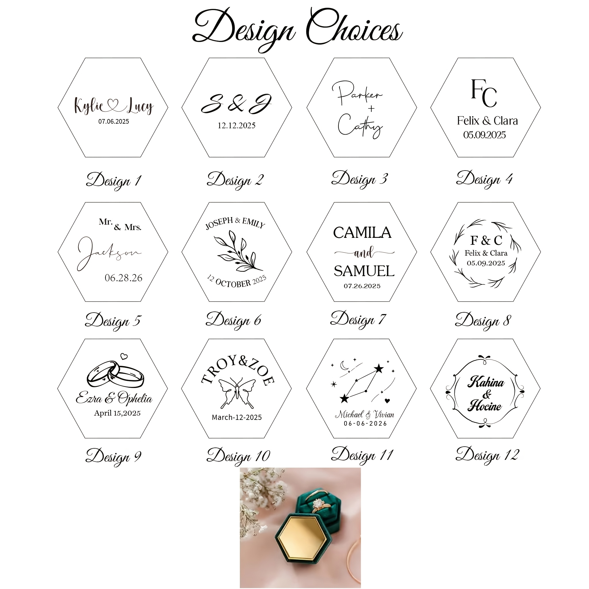 Personalized Hexagonal Velvet Ring Box, Custom Name and Date