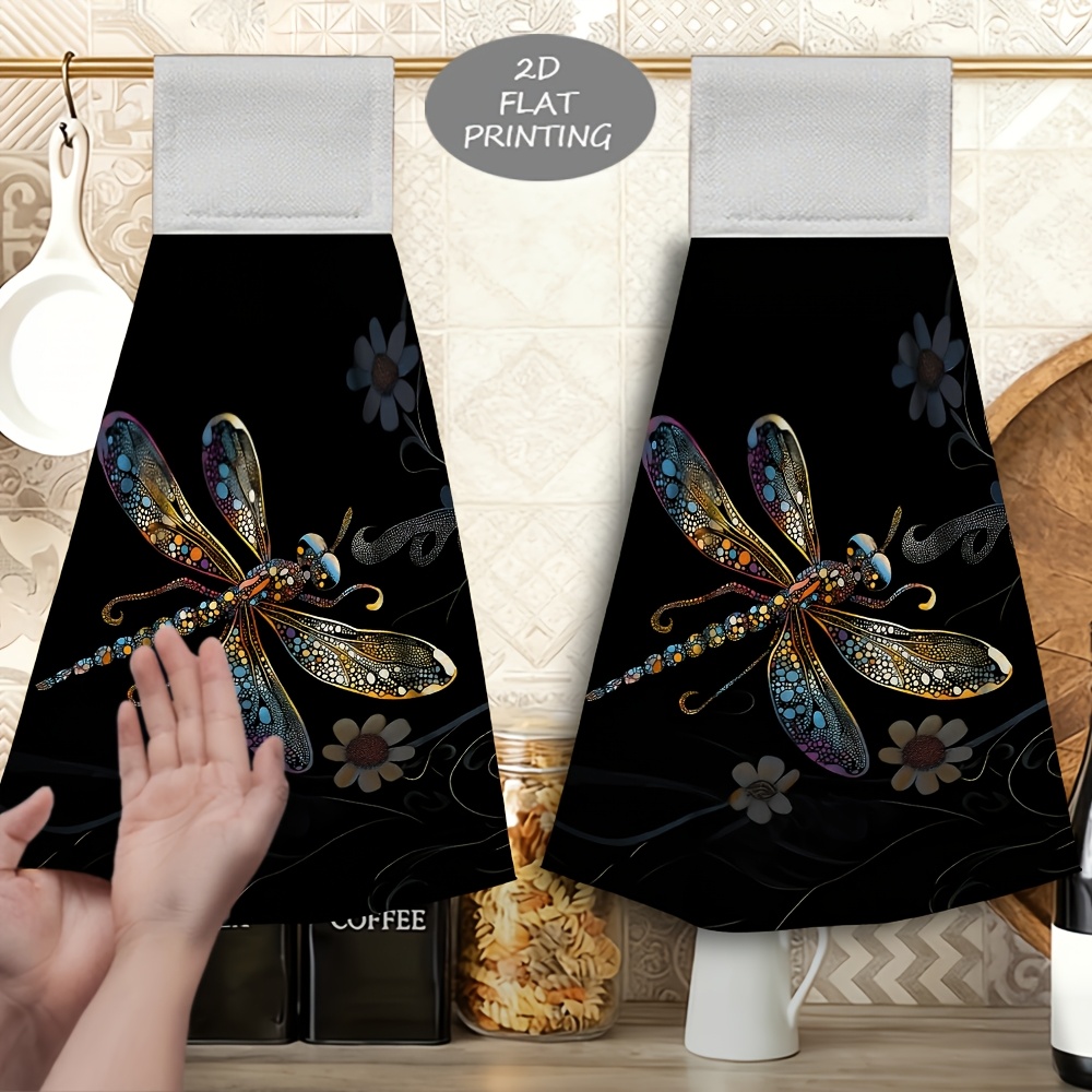 TEMU Lot de 2 serviettes à main suspendues, imprimé à motif de libellules colorées et de fleurs, serviette multifonctionnelle, en microfibre douce, à