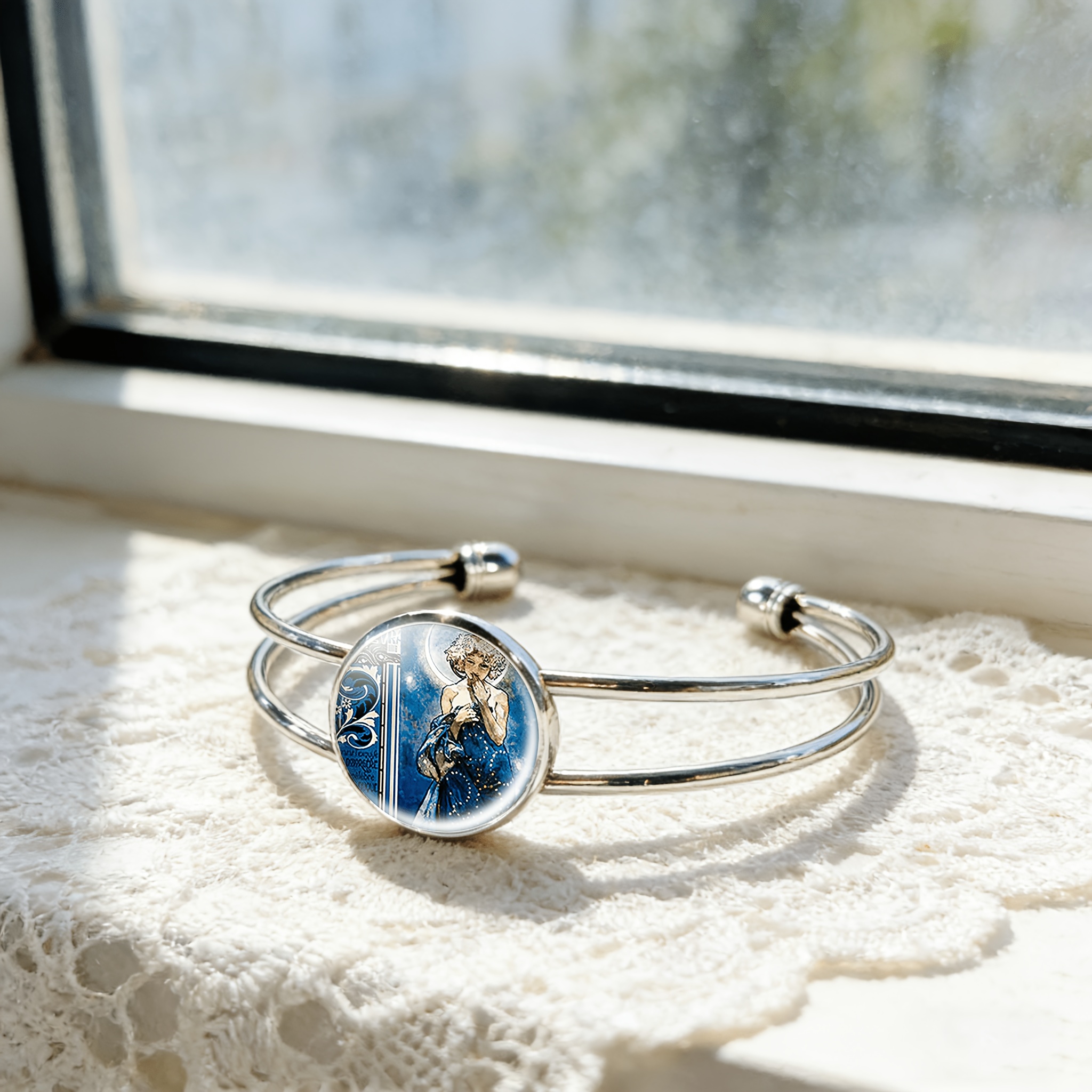 Women's Adjustable Open Bangle Bracelet with Round Time Gemstone Inlay