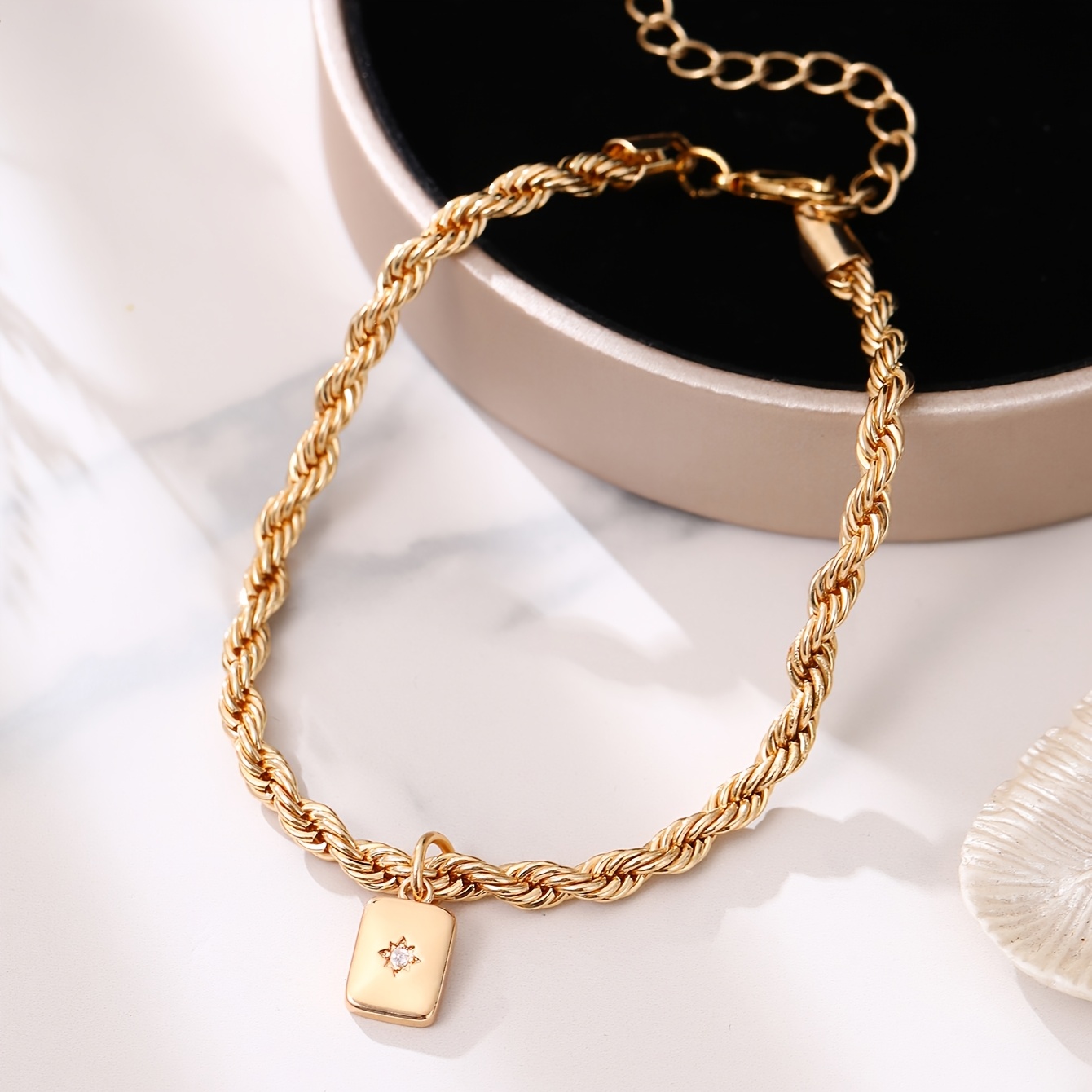 Korean-style Minimalist Rectangular Zirconia Twist Chain Anklet