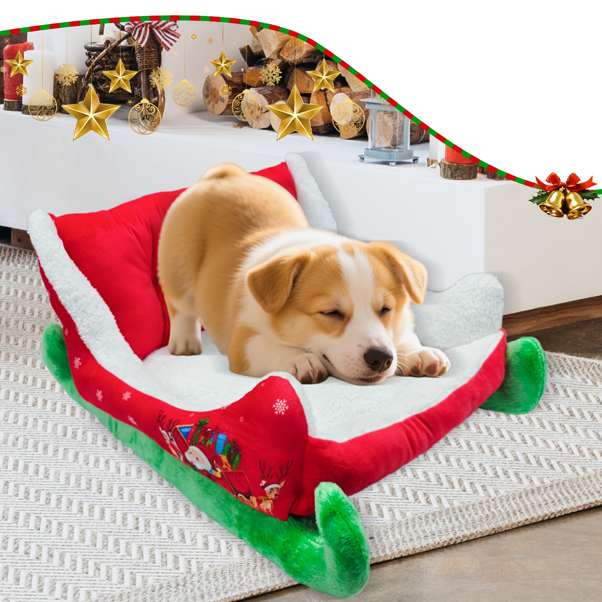 heated christmas sleigh pet bed with removable washable cover -   thickened dog bed with plush filling, red & green festive design with white fur trim, sturdy frame &   - ideal for large/small/  dogs,   house, cozy winter bed for home decor, no  ,   gift,   fabric Product details 6