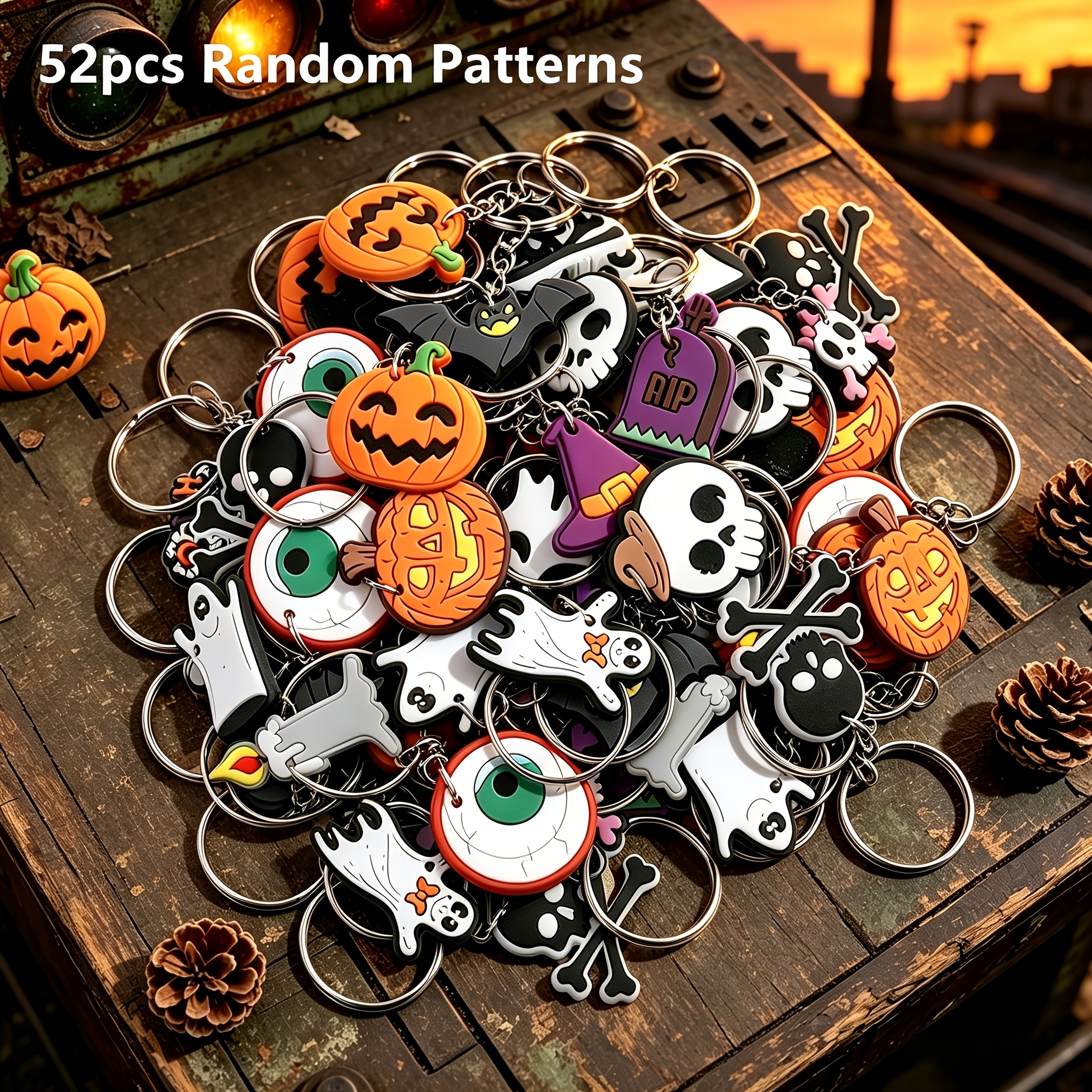TEMU 52pcs Random Pattern Christmas Keychains Keychains | Skull Pumpkin Candle Eyes Etc. Classic Halloween Elements | Suitable For Bag Decoration,
