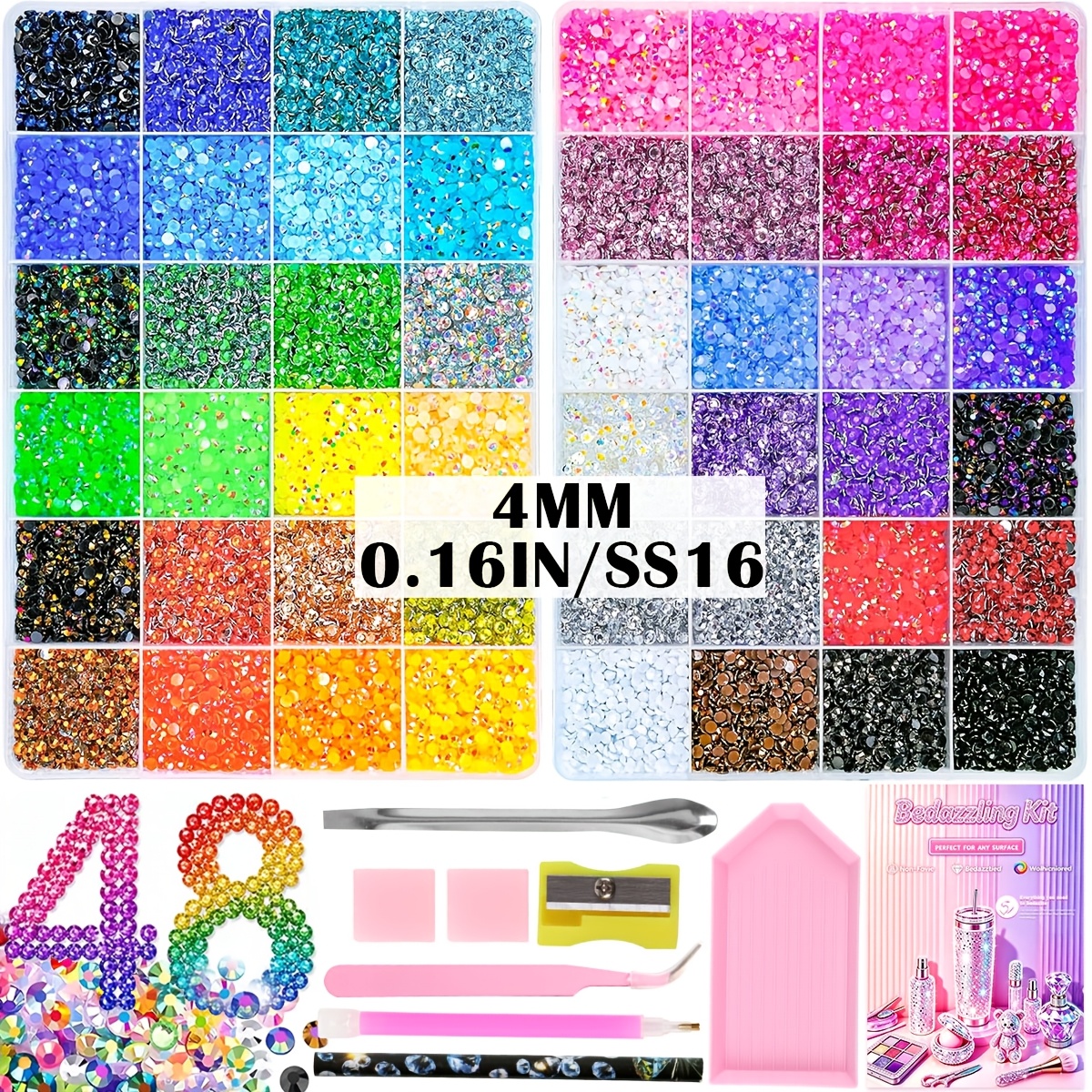 TEMU 2-box 48 Colors Bedazzling Rhinestone Kit With 3mm/4mm Flatback Resin & - -one Suitable For Diy Crafts, Art, Clothing Decoration, For Night,