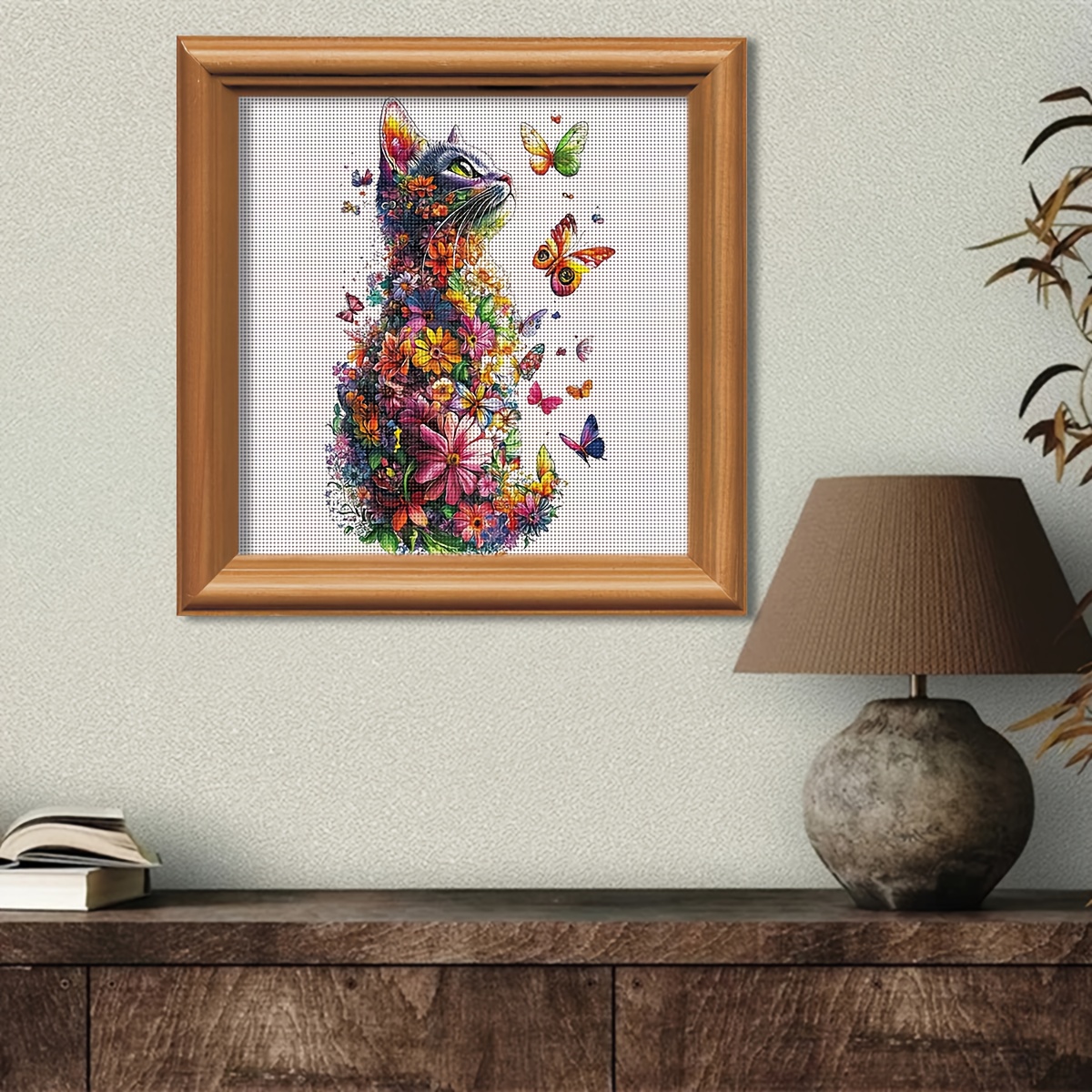 TEMU 1 Set - Creative Fantasy Calico Cat Themed Cross- Painting Kit, Diy Premium Needlework Embroidery Supplies, 11ct Cross- Embroidery Fabric