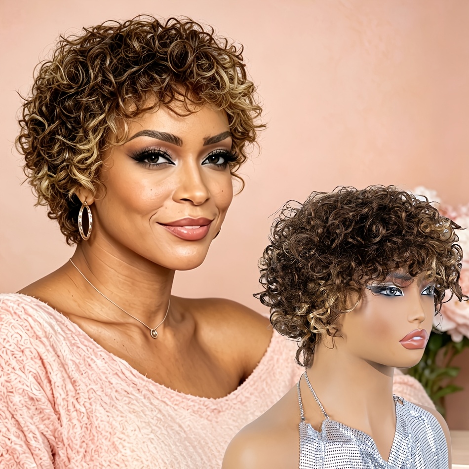 Image of P4/27 Highlight Cut Human Hair Wigs With Bangs Curly Wave Haircut For Women Layered Water Wave Hairstyle Brazilian Hair Glueless Wigs Perfect For Daily Wear & Party & Christmas & Festival Celebrations