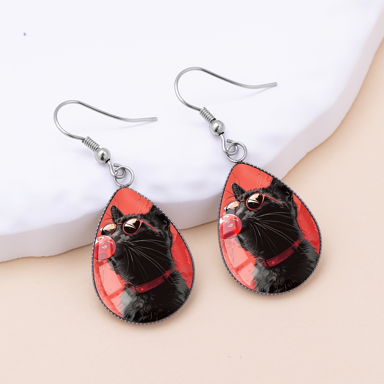 Cartoon Black Cat Blowing Bubbles Pattern Earrings