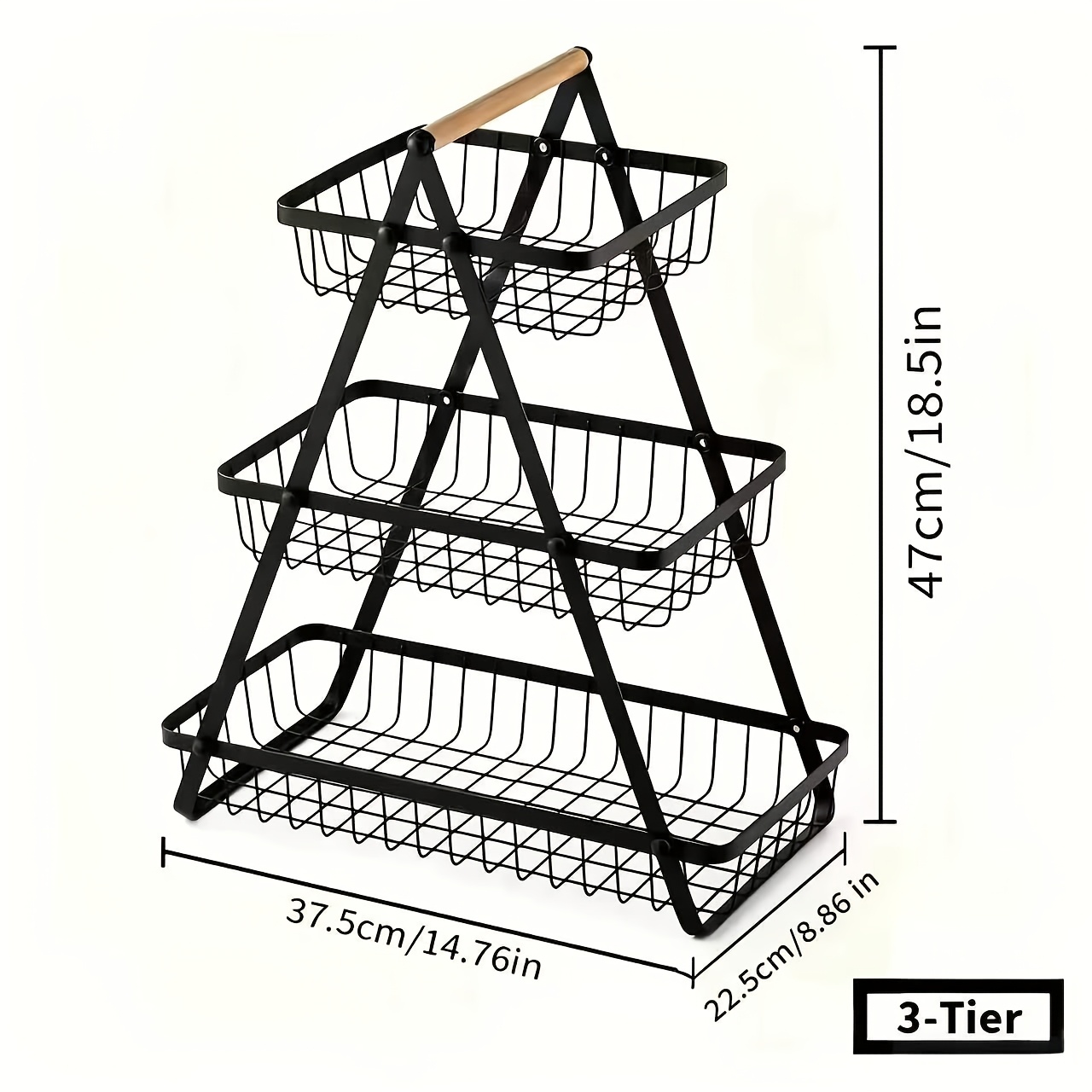 TEMU 1/2pcs Double Or Triple-layer Heavy-duty Metal Fruit Basket With Natural Wood Handle, Detachable Fruit And Vegetable Storage Rack, Suitable For
