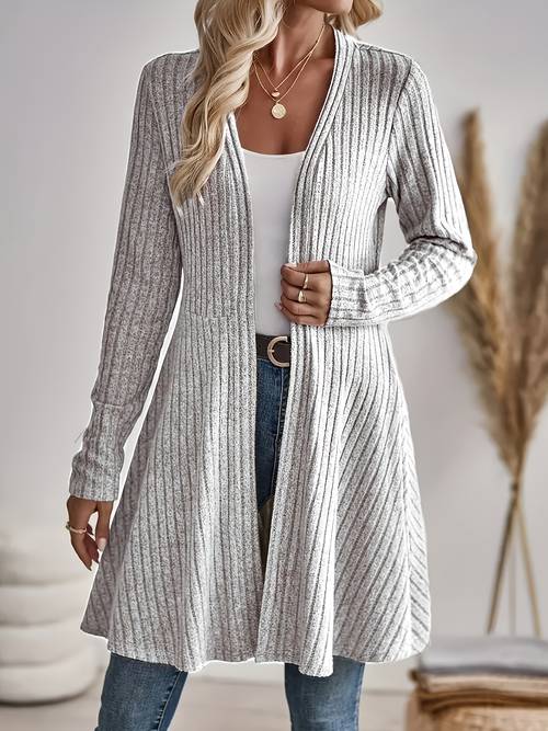 womens solid color cardigan elegant long sleeve flared hem stretch fabric for