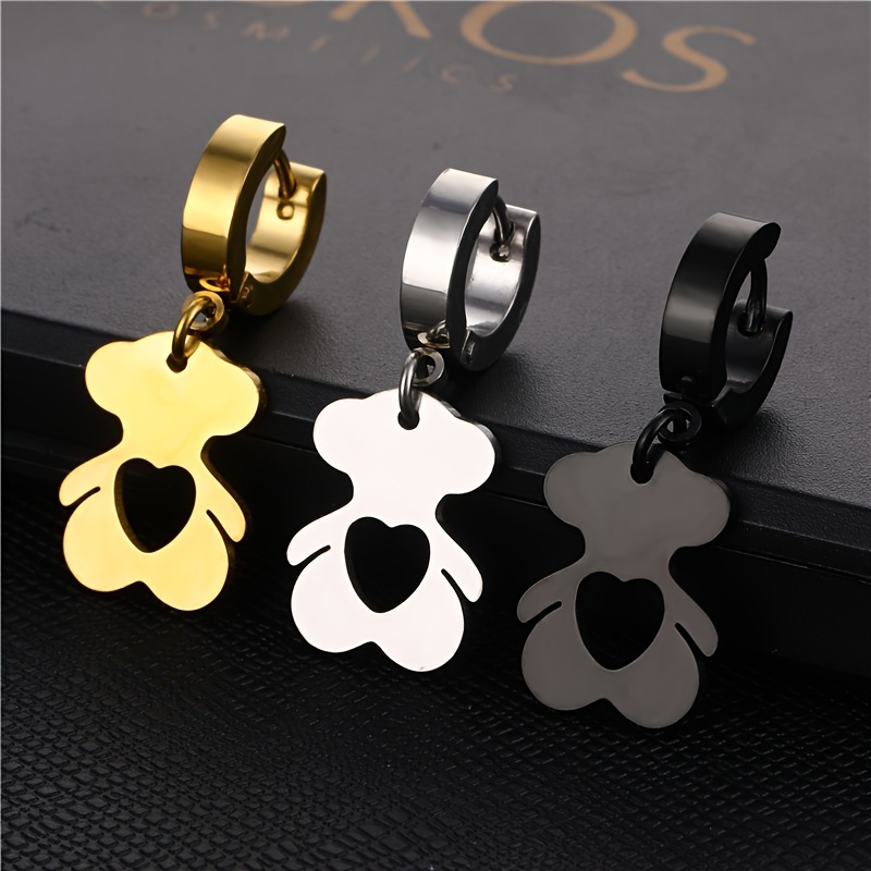 

[popular ] 1 Pair Senlansp Bear Pendant Hoop Earrings - Elegant & Cute, Stainless Steel, Golden/silvery/black With Heart Detail, Casual Attire & Gifting