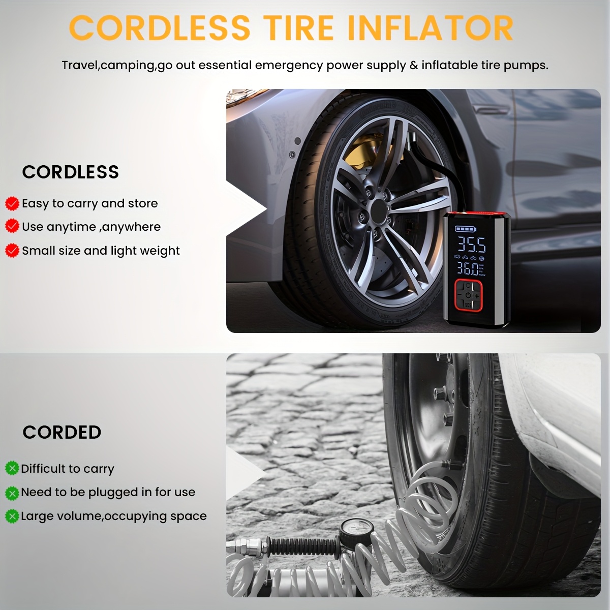 Tire Inflator Portable Air Compressor 150PSI Air Pump With Battery LED Light Cordless Tire Pump For Cars Bikes Motorcycle Balls