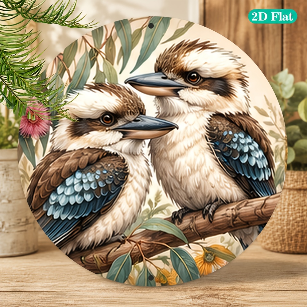 TEMU 2d Flat, 2d Flat, 1pc 8x8 Inch Round Metal Sign, Australian Bird Eucalyptus Wall Art, Local Bird Decorative Plaque, Wall Decor For Patio Living