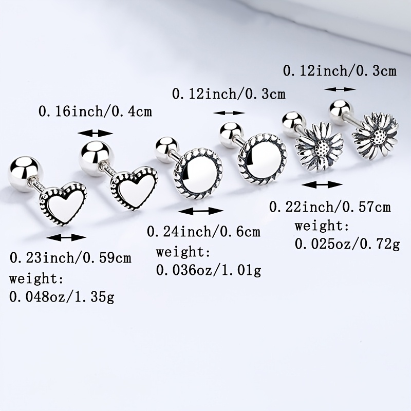 925 Silver Heart & Round Thread Ear Studs - Vintage Small Daisy Ear Bone Studs