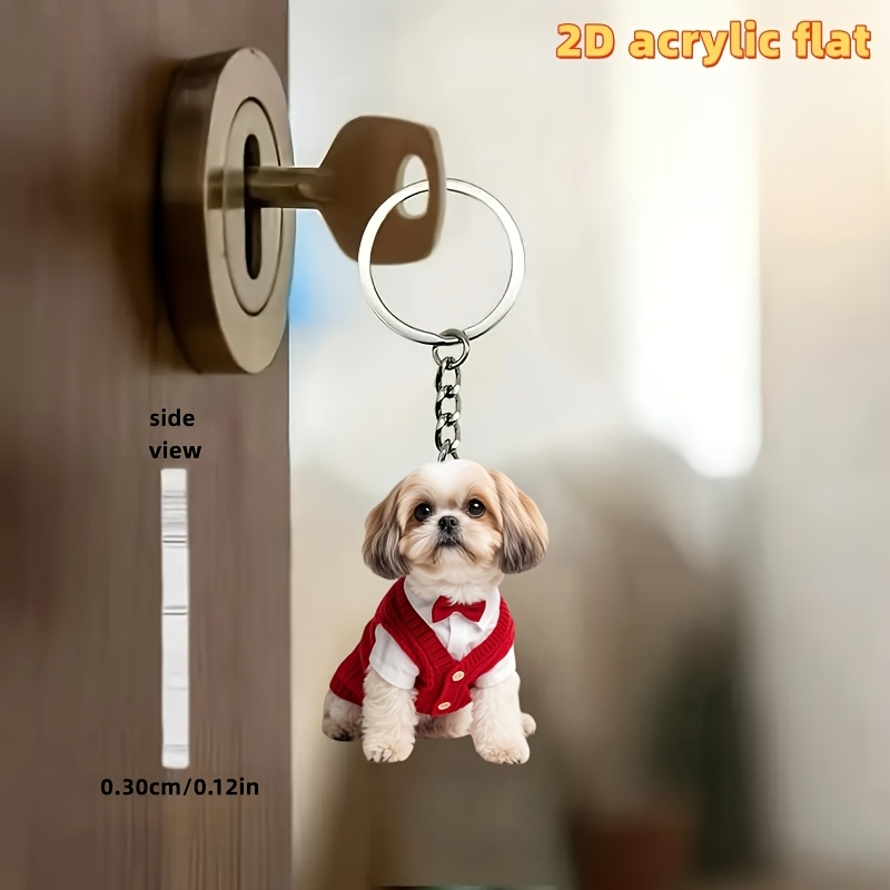 TEMU 2d Flat, 1pc Cute Shih Tzu Dog With A Red Bow Pattern Keychain, Fun 2d Flat Acrylic Design Keychain Ornament, Suitable For Car Keychains, Phone