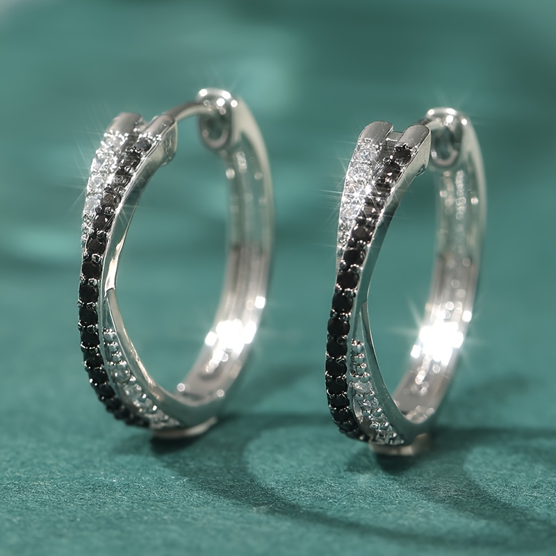 Fashionable And Minimalist Cross Inlaid With Black And White Synthetic Zirconia Earrings, Beautiful Combination Suitable For Women's Life
