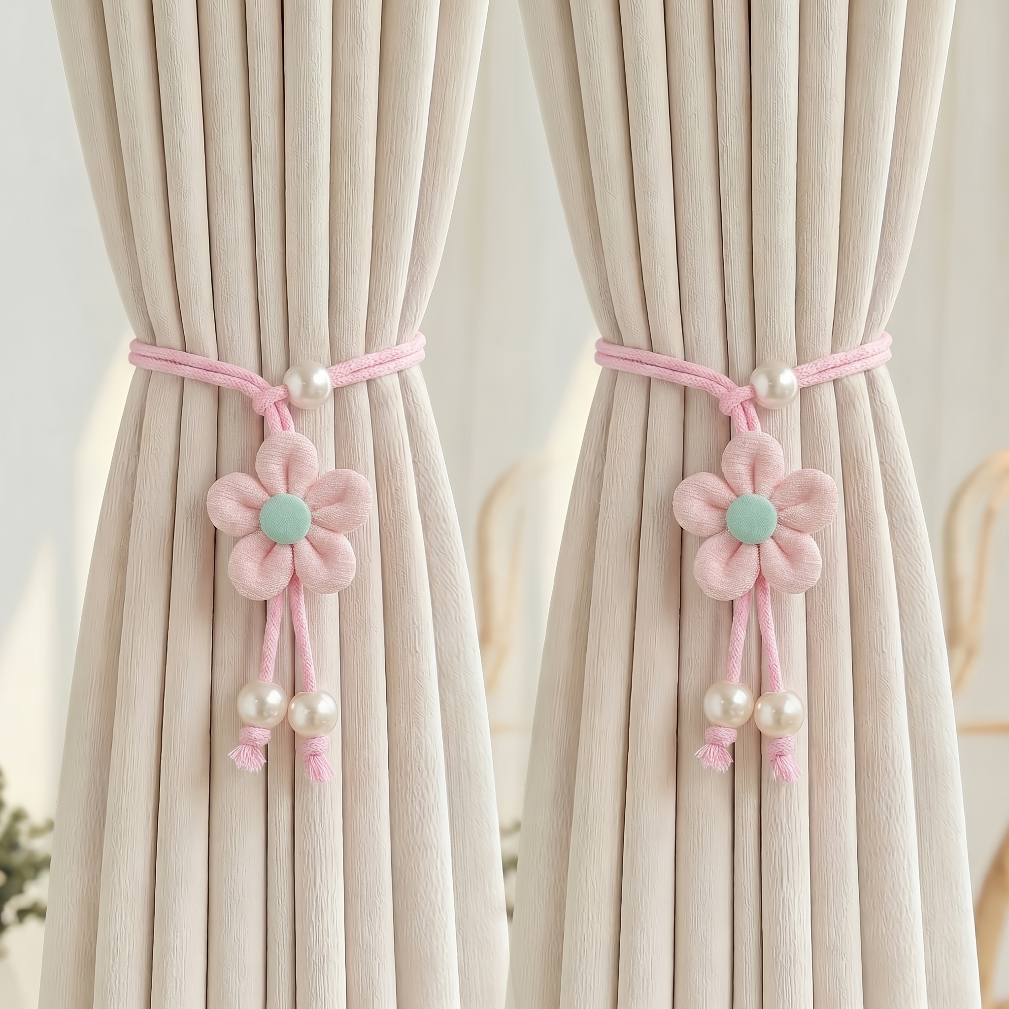 TEMU 2pcs - Attaches de Rideaux Floraux Élégantes et Ajustables, Décorations en Perles, Ajouts de Rideaux Ménagers Durables et Élégants, Adaptés aux