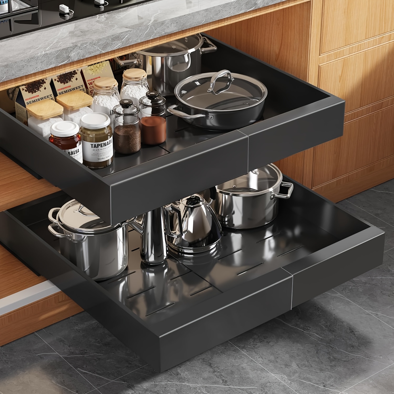 Image of 2 Pack Expandable Pull Out Cabinet Organizer 42cm Deep With Raising Pad For Framed Cabinets, Upgrade 3 Slide Rails Slide Out Drawers, Roll Out Shelves Adhesive, 31-52cm Adjustable Width