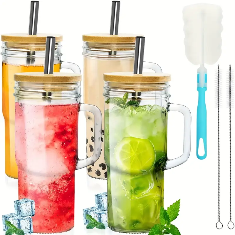 2 4pcs 24oz glasses with lids and straws wide mouth glasses with bamboo lids and straws iced coffee mugs cold drink mugs beer mugs Product details 0